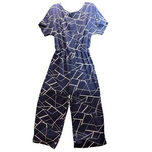 Yeeka Jumpsuit Womens Large Blue Geometric Wide Leg Short Sleeve Flowy Business